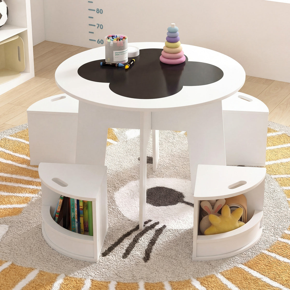 Kids Table and Chair Set with Storage Stools - Writable Tabletop, White