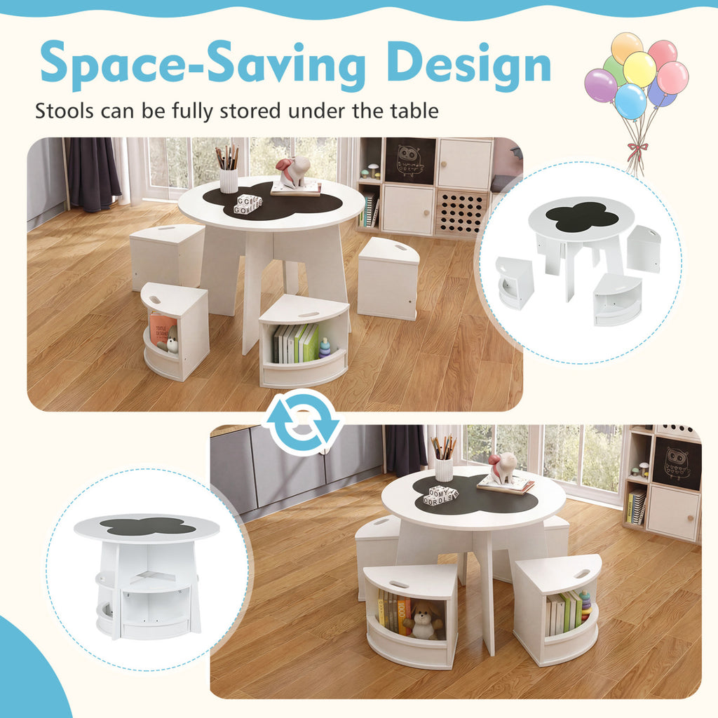 Kids Table and Chair Set with Storage Stools - Writable Tabletop, White