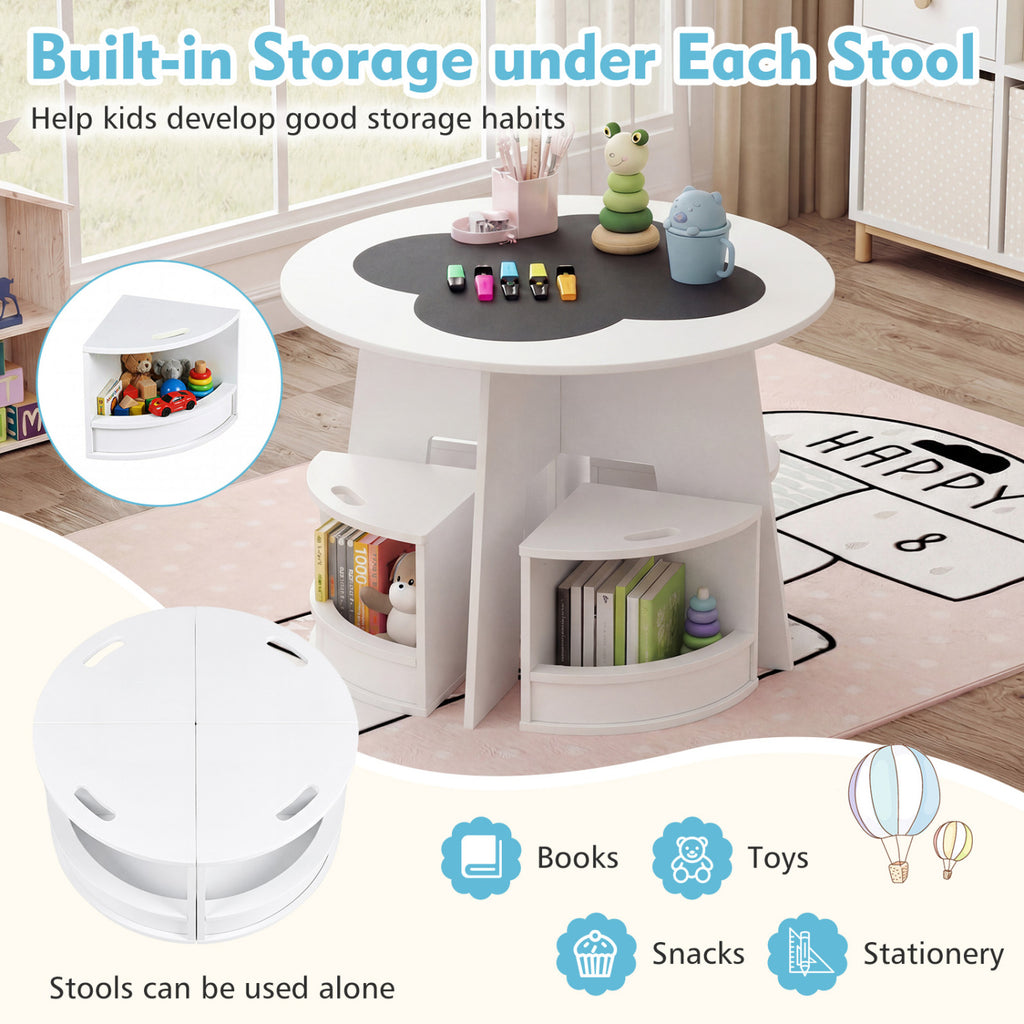 Kids Table and Chair Set with Storage Stools - Writable Tabletop, White