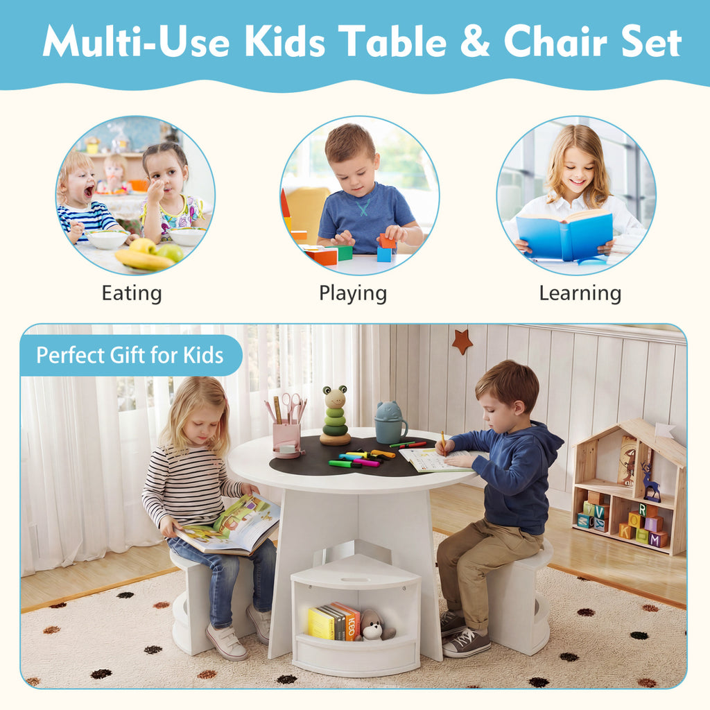Kids Table and Chair Set with Storage Stools - Writable Tabletop, White