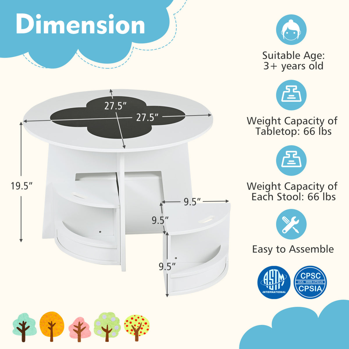 Kids Table and Chair Set with Storage Stools - Writable Tabletop, White
