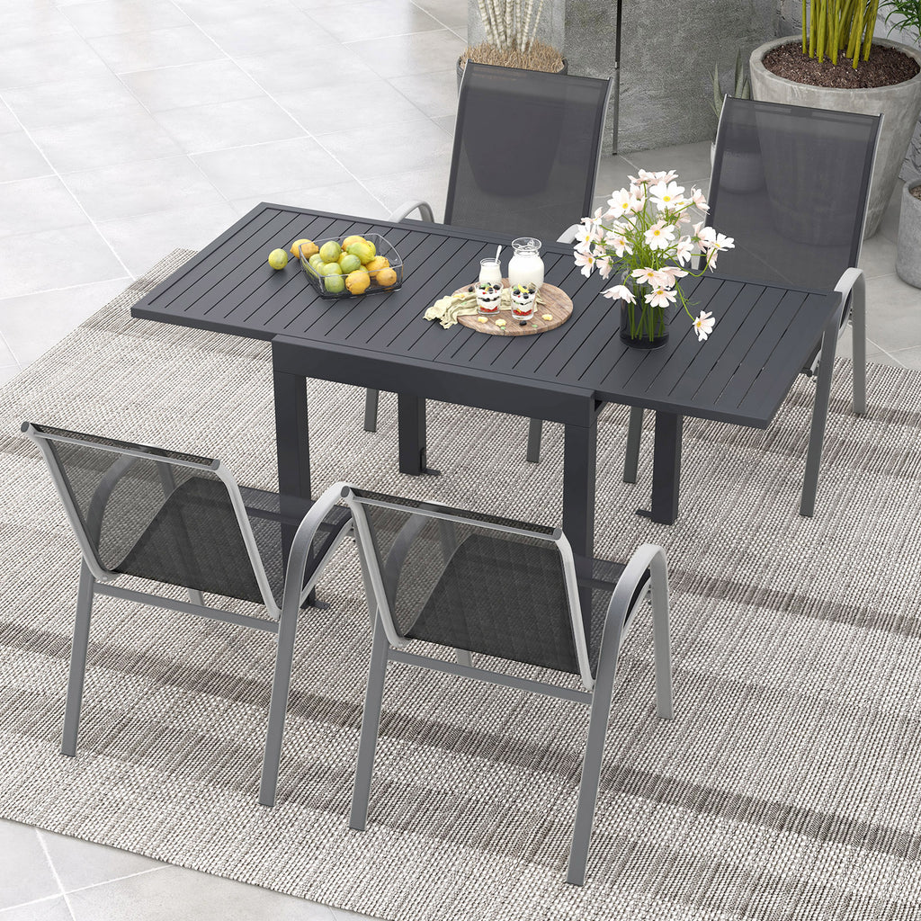 Outdoor Dining Table Set with 4 Stackable Chairs - Extendable Aluminum & Fabric
