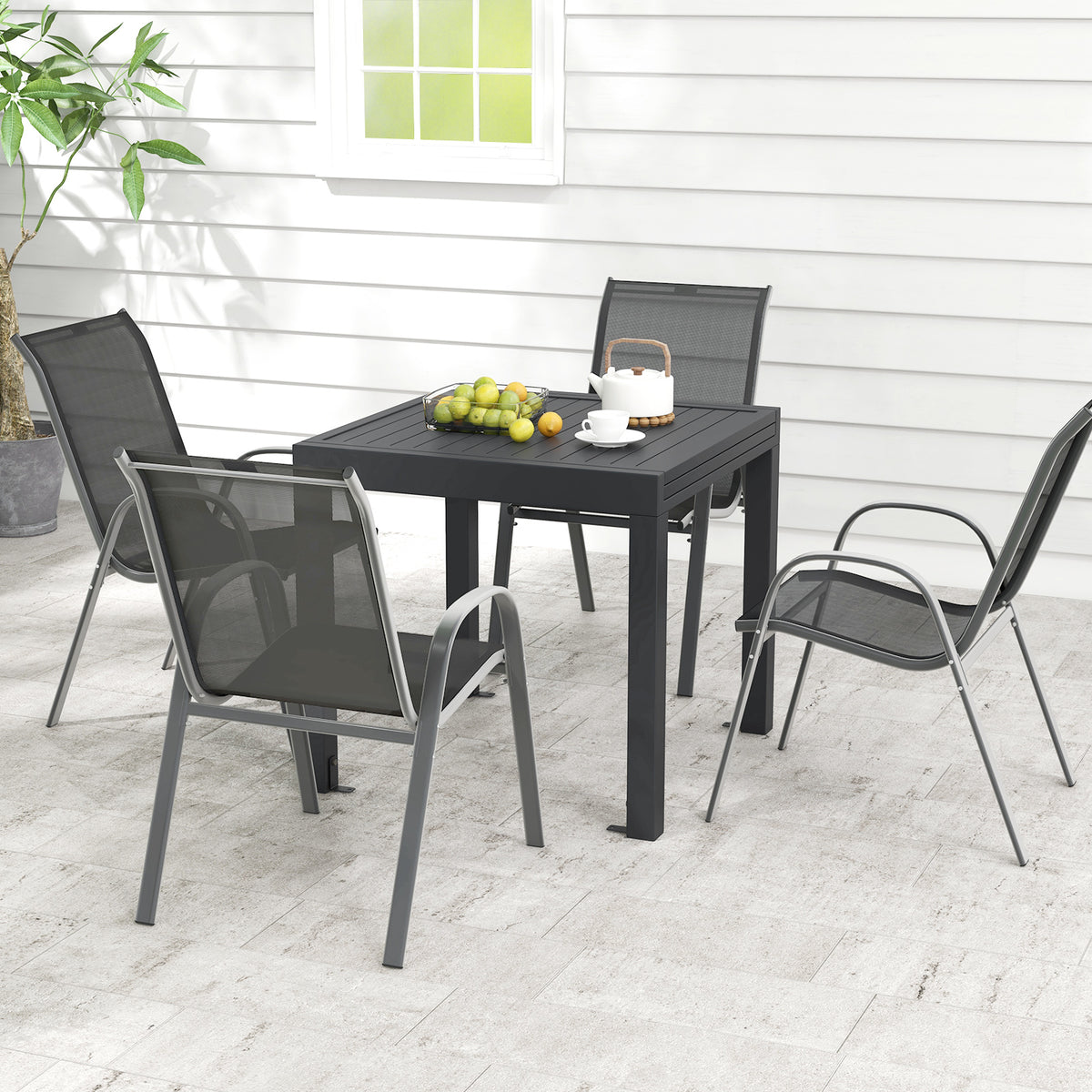 Outdoor Dining Table Set with 4 Stackable Chairs - Extendable Aluminum & Fabric