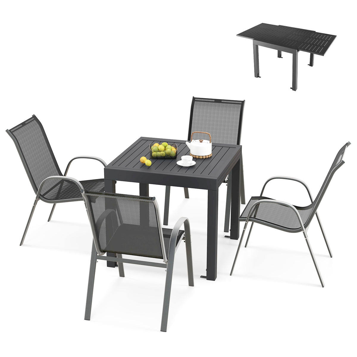 Outdoor Dining Table Set with 4 Stackable Chairs - Extendable Aluminum & Fabric