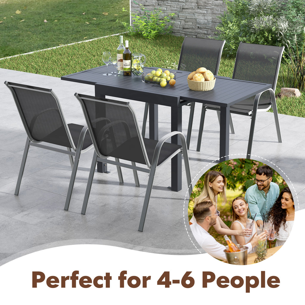 Outdoor Dining Table Set with 4 Stackable Chairs - Extendable Aluminum & Fabric