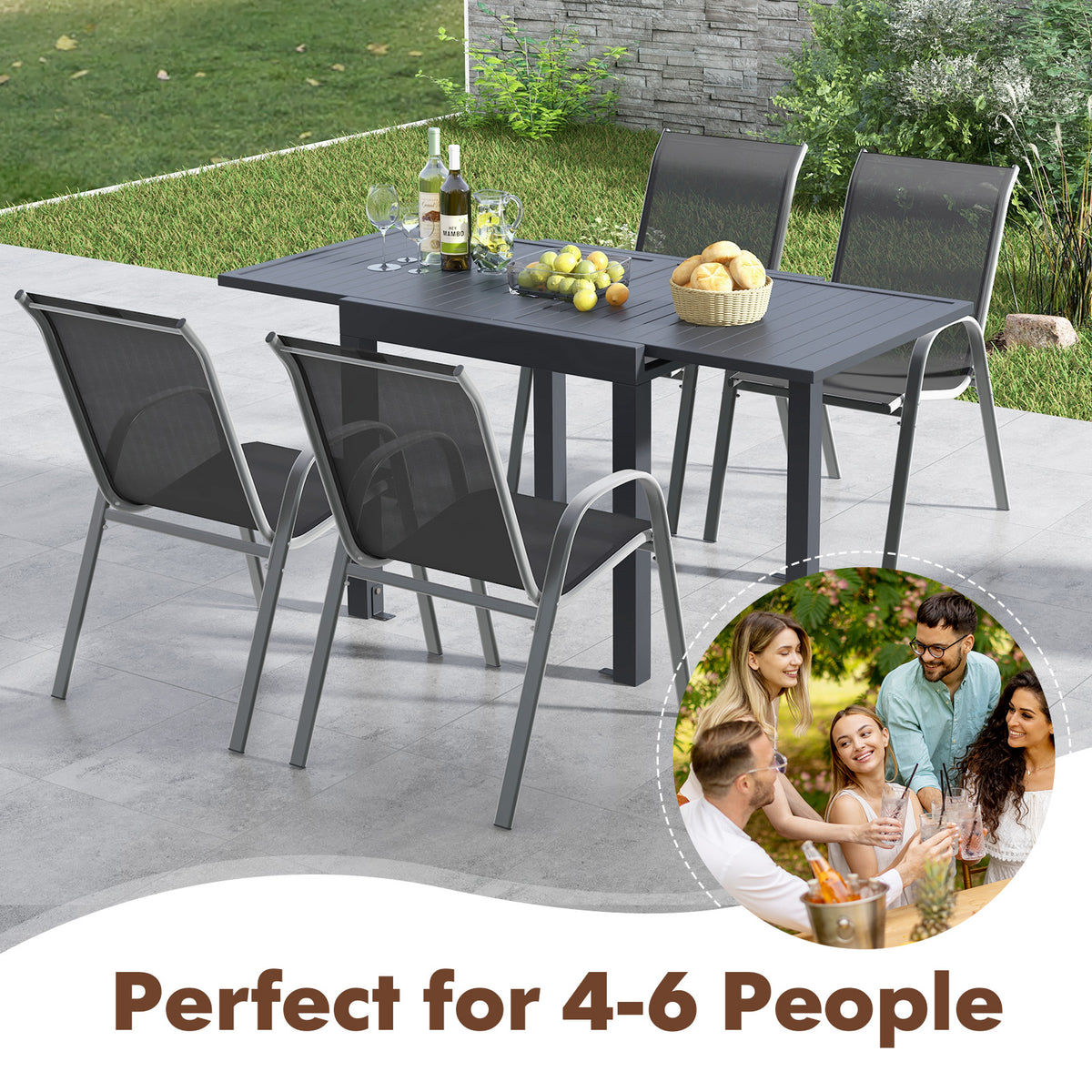 Outdoor Dining Table Set with 4 Stackable Chairs - Extendable Aluminum & Fabric