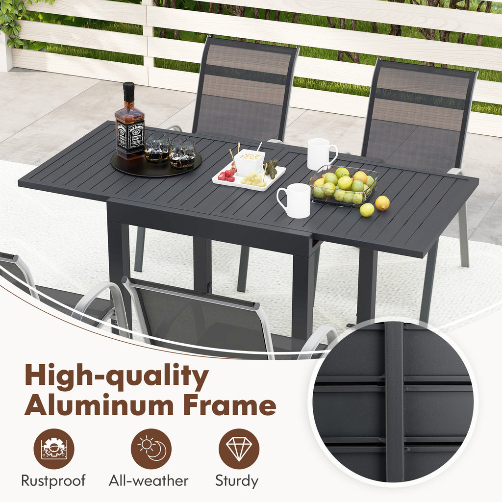 Outdoor Dining Table Set with 4 Stackable Chairs - Extendable Aluminum & Fabric