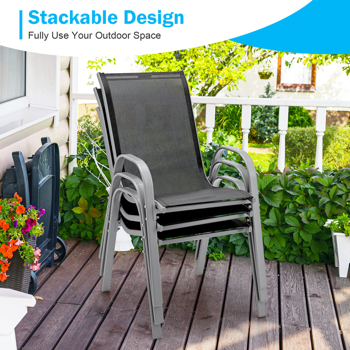 Outdoor Dining Table Set with 4 Stackable Chairs - Extendable Aluminum & Fabric