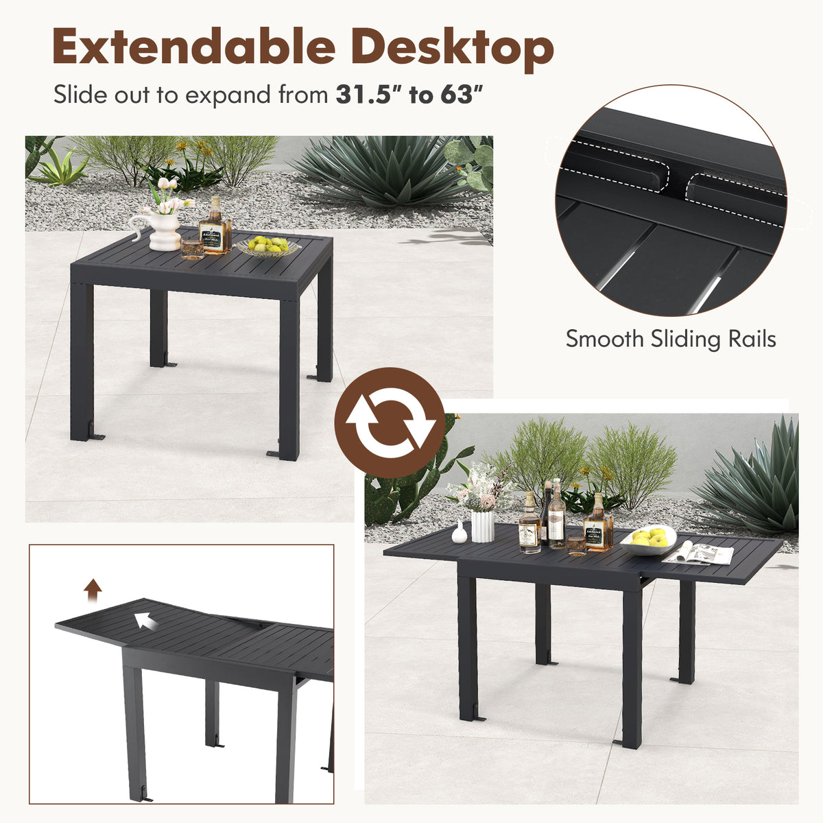 Outdoor Dining Table Set with 4 Stackable Chairs - Extendable Aluminum & Fabric