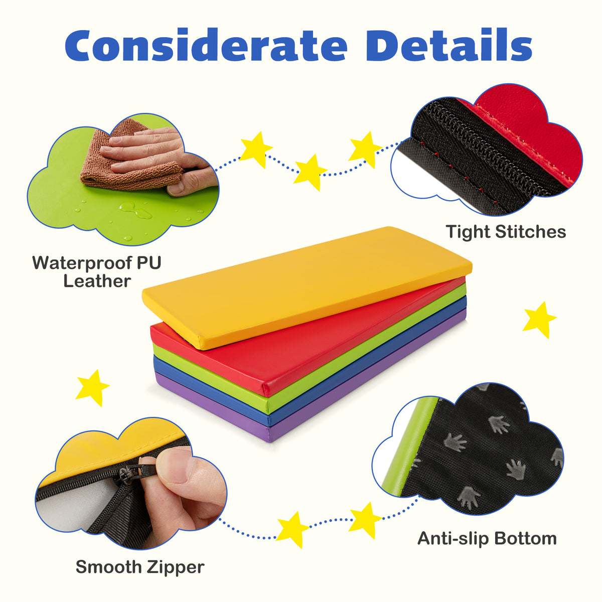 5 Pack 2 Inch Toddler Thick Rainbow Rest Nap Mats - Stackable & Cushioned