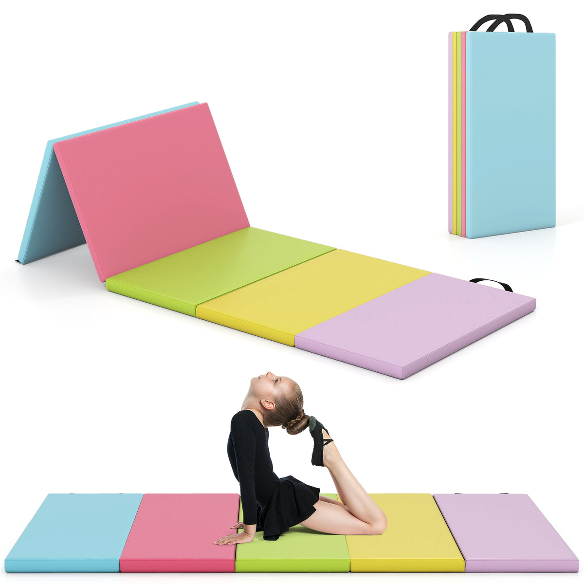 Kids 5-Panel Folding Gymnastics Mat with Handle, Green, Soft Foam & Waterproof Cover