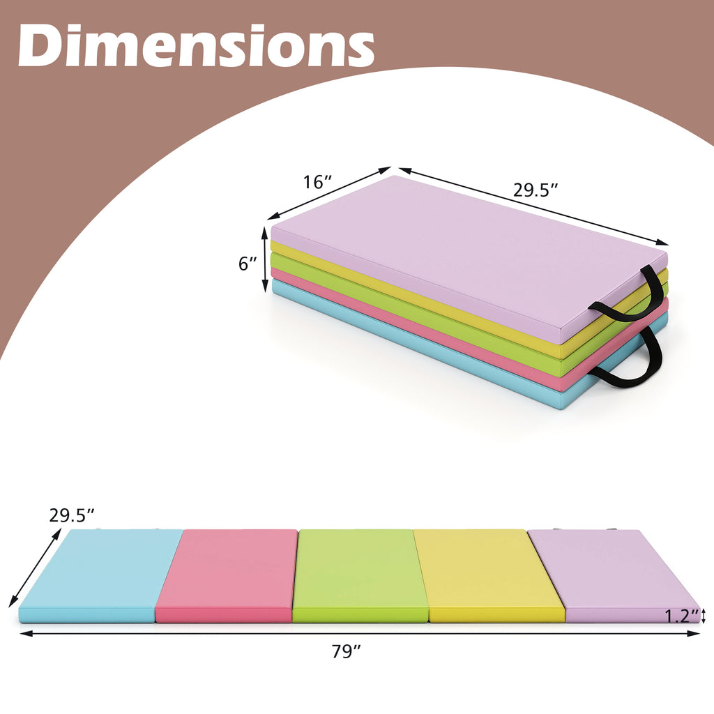 Kids 5-Panel Folding Gymnastics Mat with Handle, Green, Soft Foam & Waterproof Cover