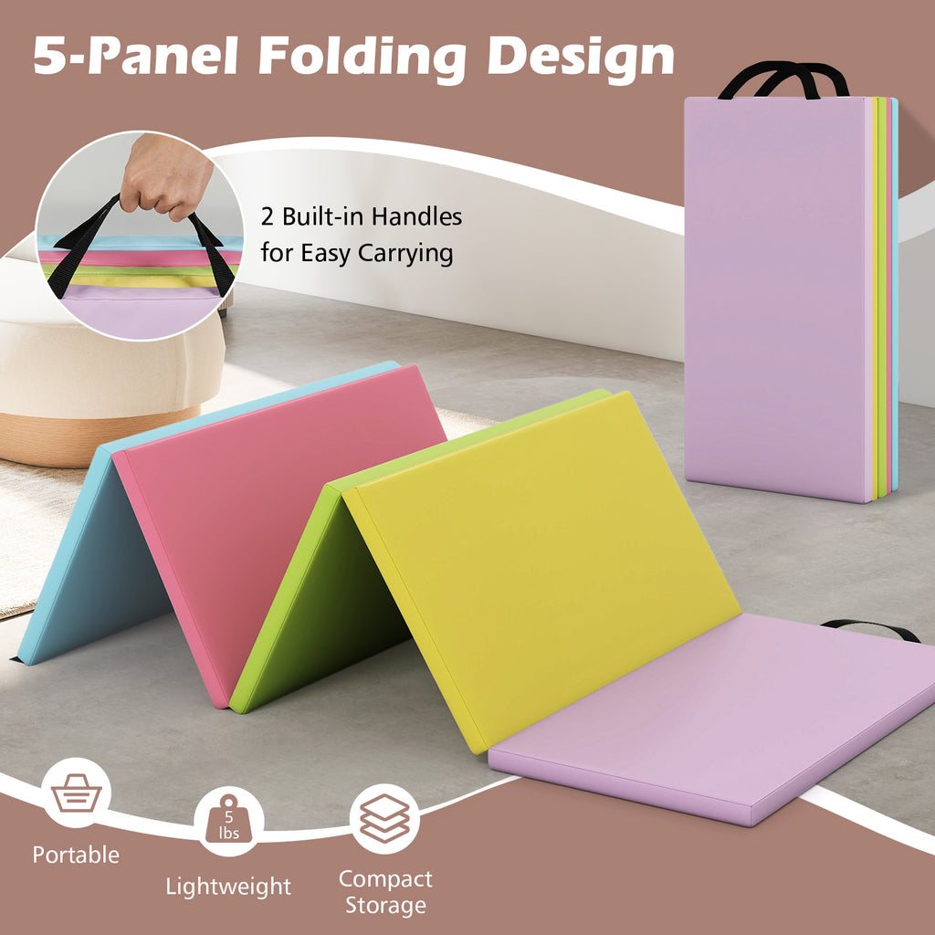 Kids 5-Panel Folding Gymnastics Mat with Handle, Green, Soft Foam & Waterproof Cover