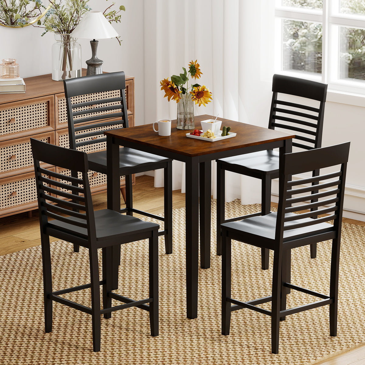 5-Piece Counter-Height Dining Table Set with Rubber Wood Frame
