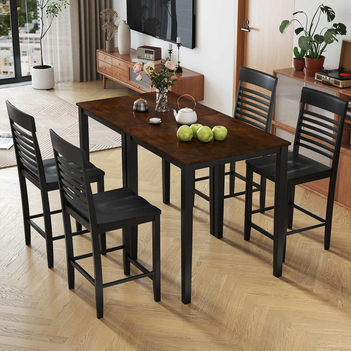 5-Piece Counter-Height Dining Table Set with Rubber Wood Frame
