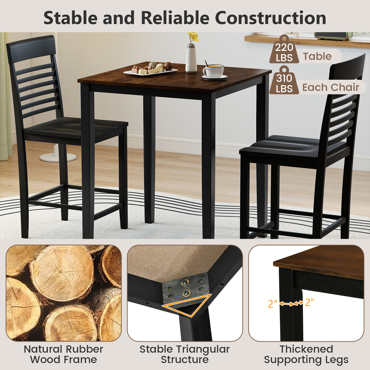 5-Piece Counter-Height Dining Table Set with Rubber Wood Frame