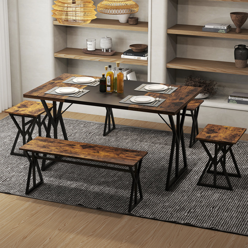 Industrial Dining Table Set with 2 Benches and 2 Stools, Rustic Brown