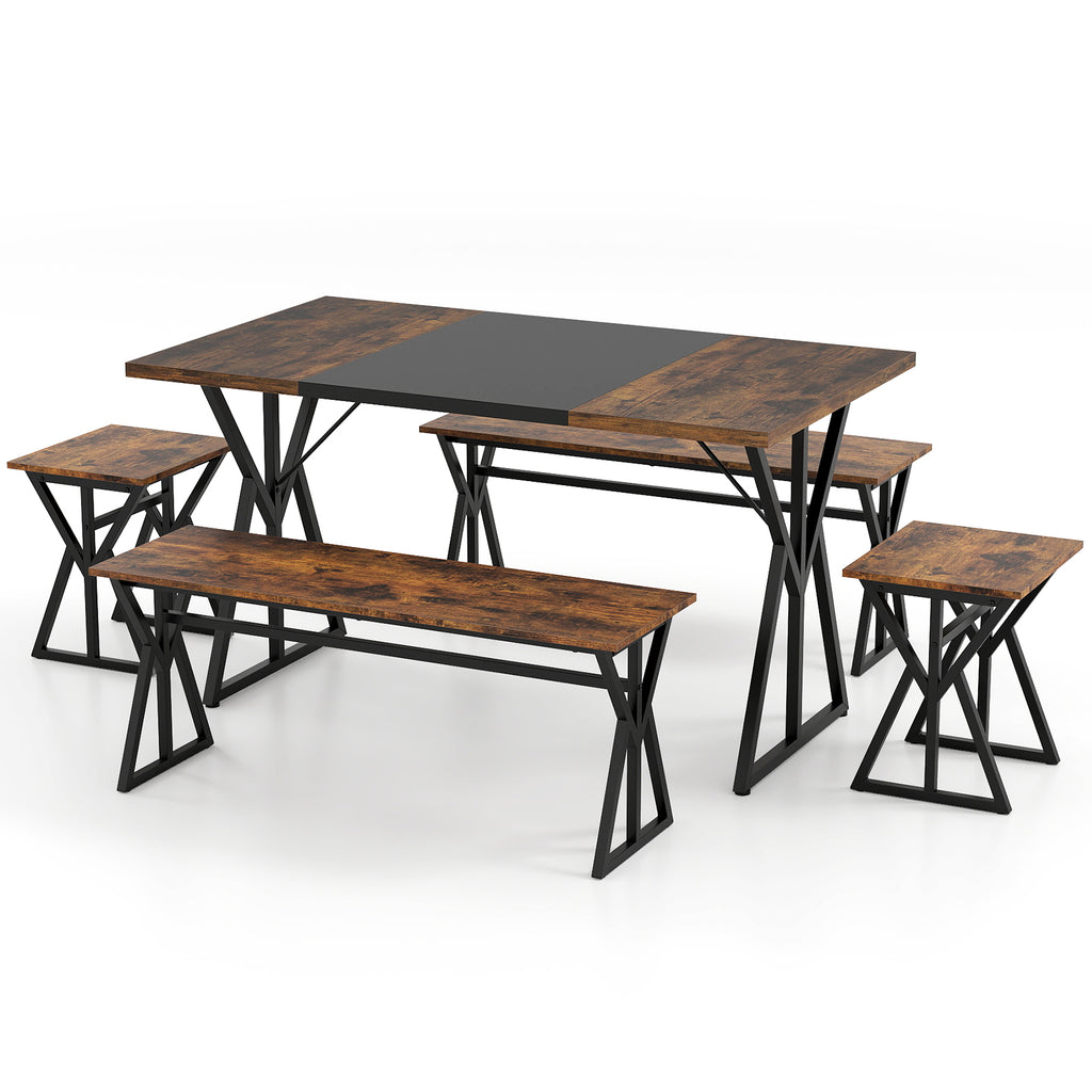 Industrial Dining Table Set with 2 Benches and 2 Stools, Rustic Brown