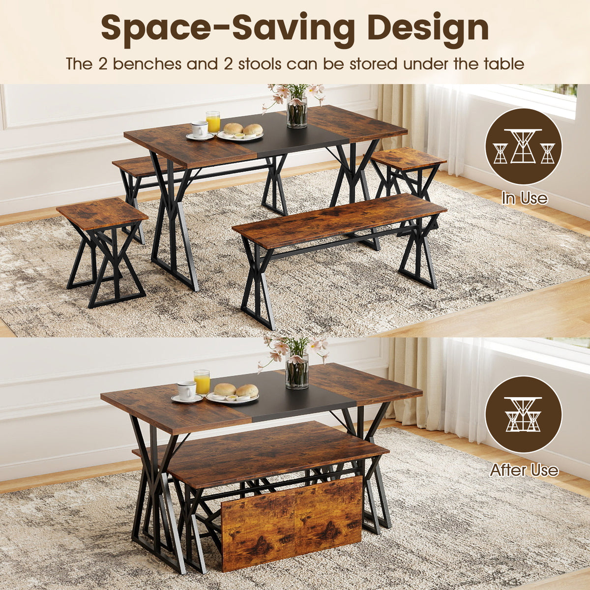 Industrial Dining Table Set with 2 Benches and 2 Stools, Rustic Brown