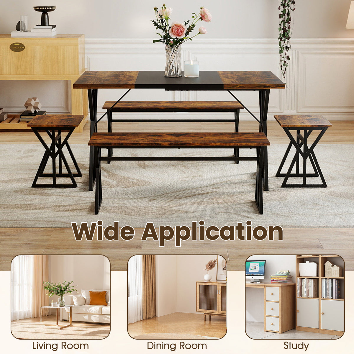 Industrial Dining Table Set with 2 Benches and 2 Stools, Rustic Brown
