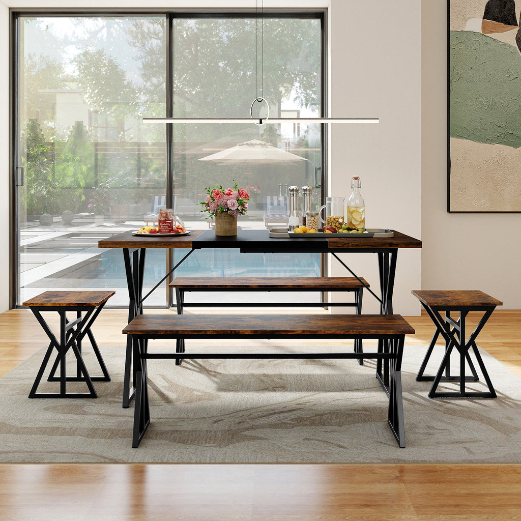 Industrial Dining Table Set with 2 Benches and 2 Stools, Rustic Brown