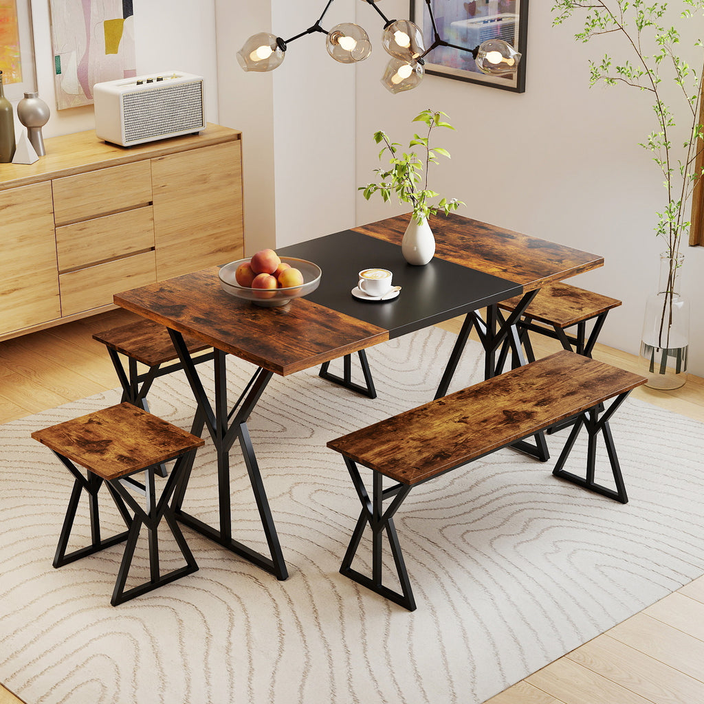 Industrial Dining Table Set with 2 Benches and 2 Stools, Rustic Brown