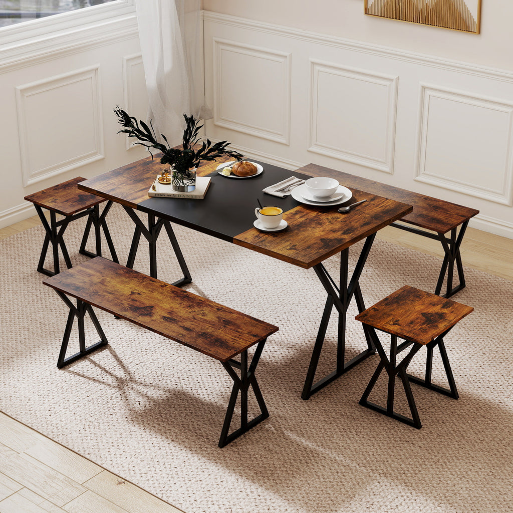 Industrial Dining Table Set with 2 Benches and 2 Stools, Rustic Brown