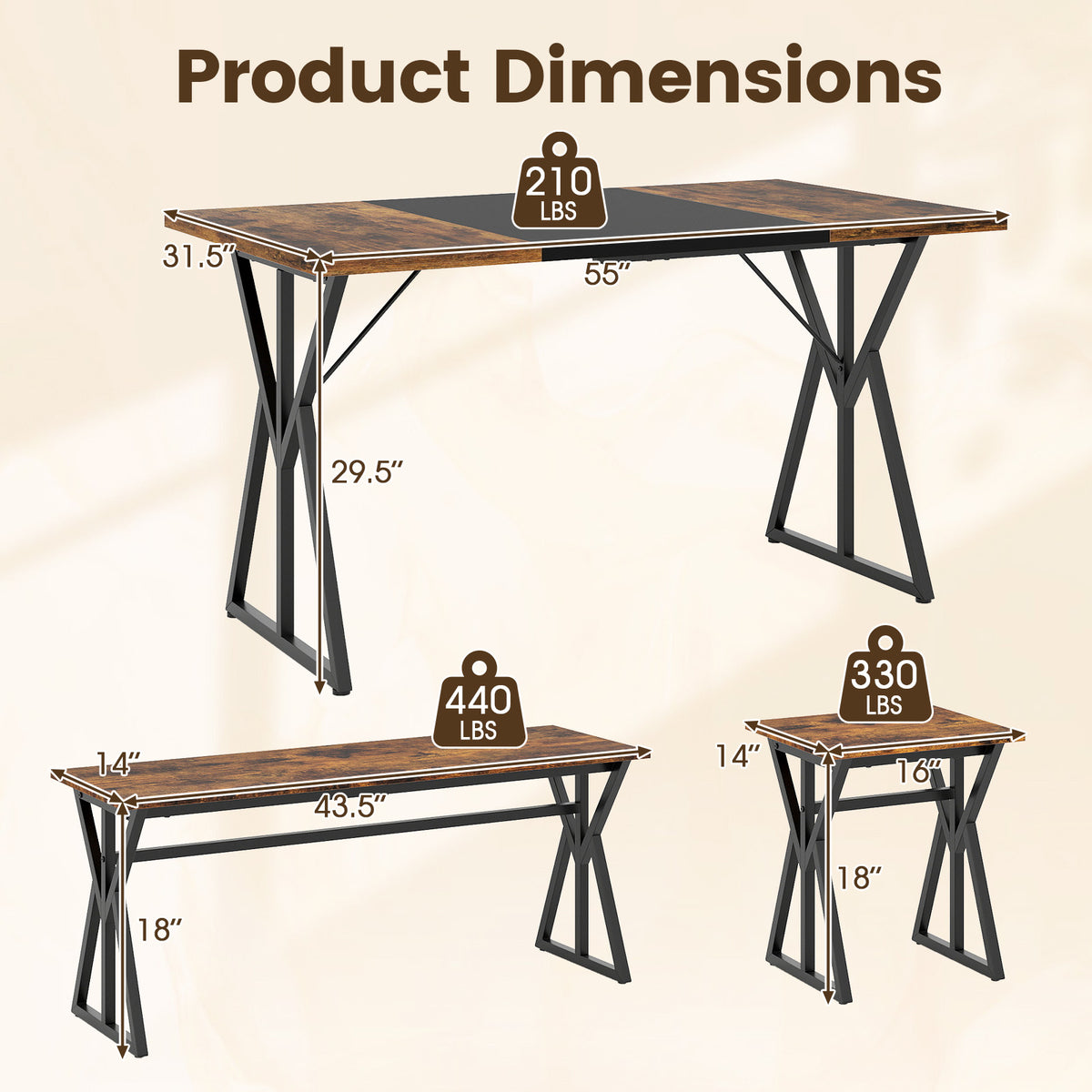 Industrial Dining Table Set with 2 Benches and 2 Stools, Rustic Brown