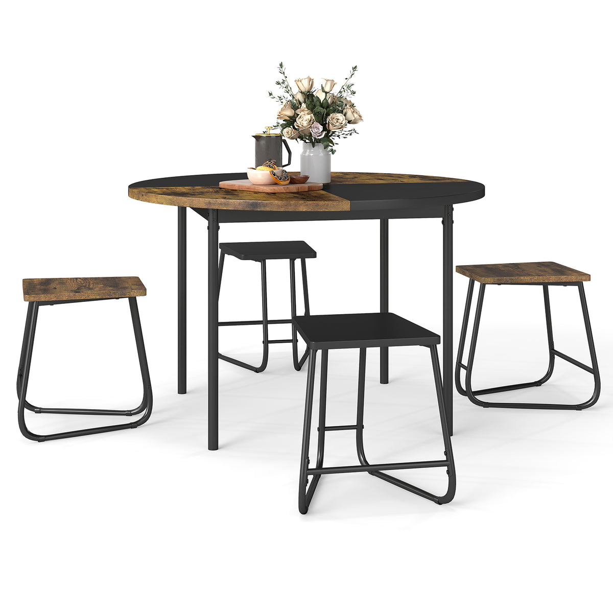 5-Piece Dining Set with Round Table & 4 Stools, Brown