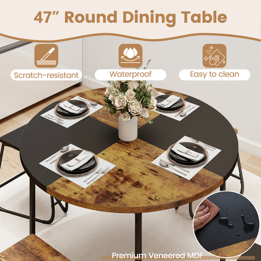 5-Piece Dining Set with Round Table & 4 Stools, Brown