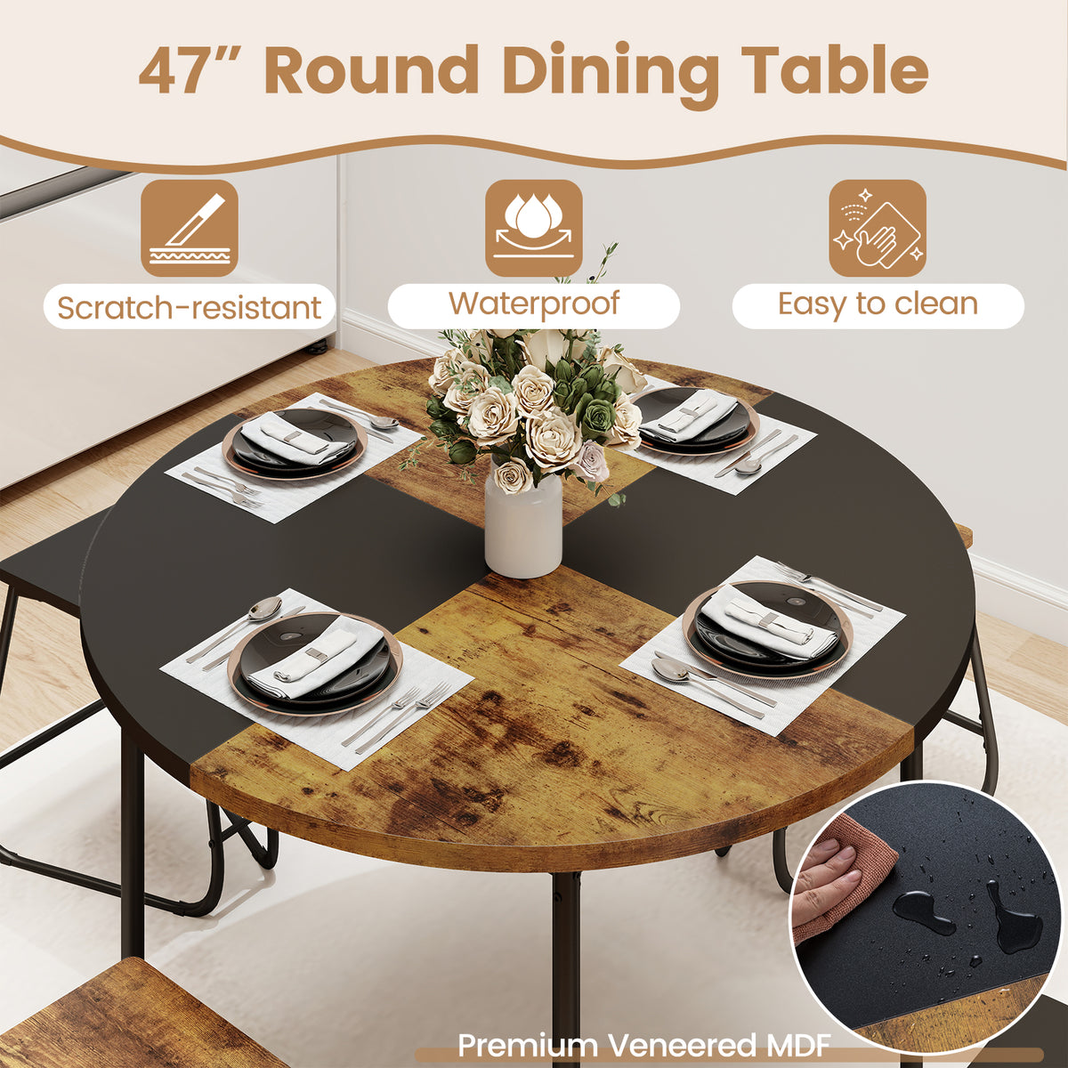 5-Piece Dining Set with Round Table & 4 Stools, Brown