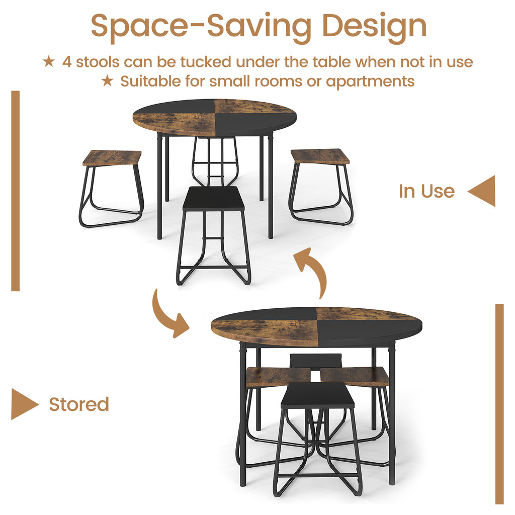 5-Piece Dining Set with Round Table & 4 Stools, Brown