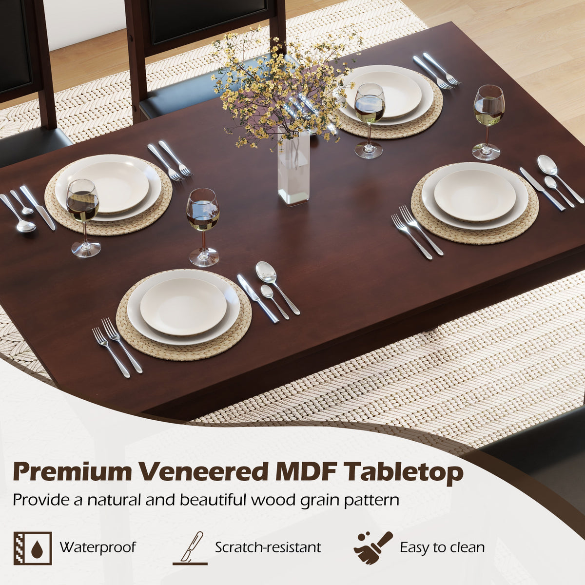5-Piece Dining Set for 4 - Brown PVC Leather Chairs