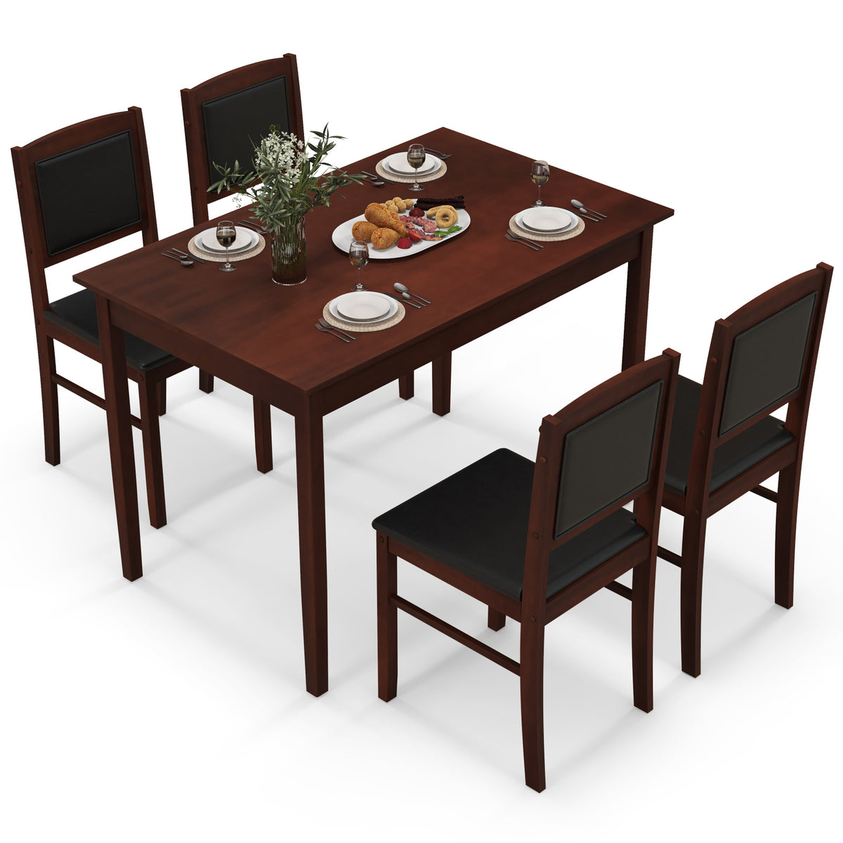 5-Piece Dining Set for 4 - Brown PVC Leather Chairs