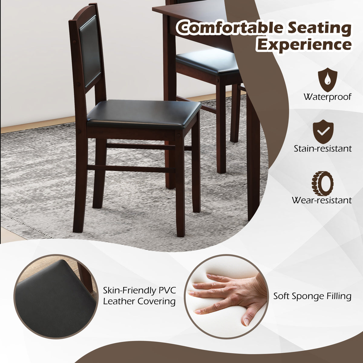 5-Piece Dining Set for 4 - Brown PVC Leather Chairs