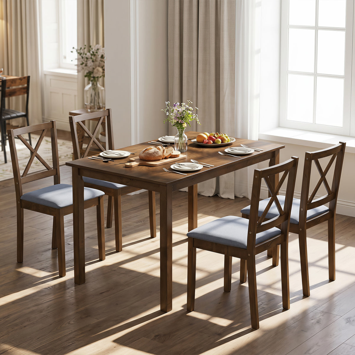 5-Piece Dining Set with Rectangular Table & Fabric Chairs - Gray