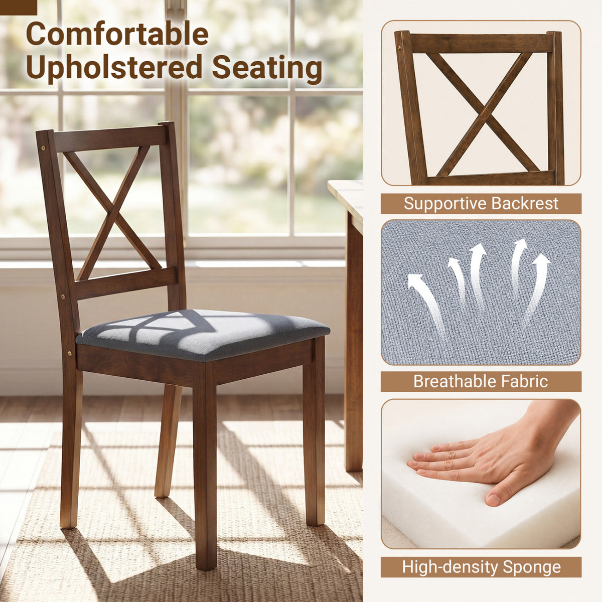 5-Piece Dining Set with Rectangular Table & Fabric Chairs - Gray