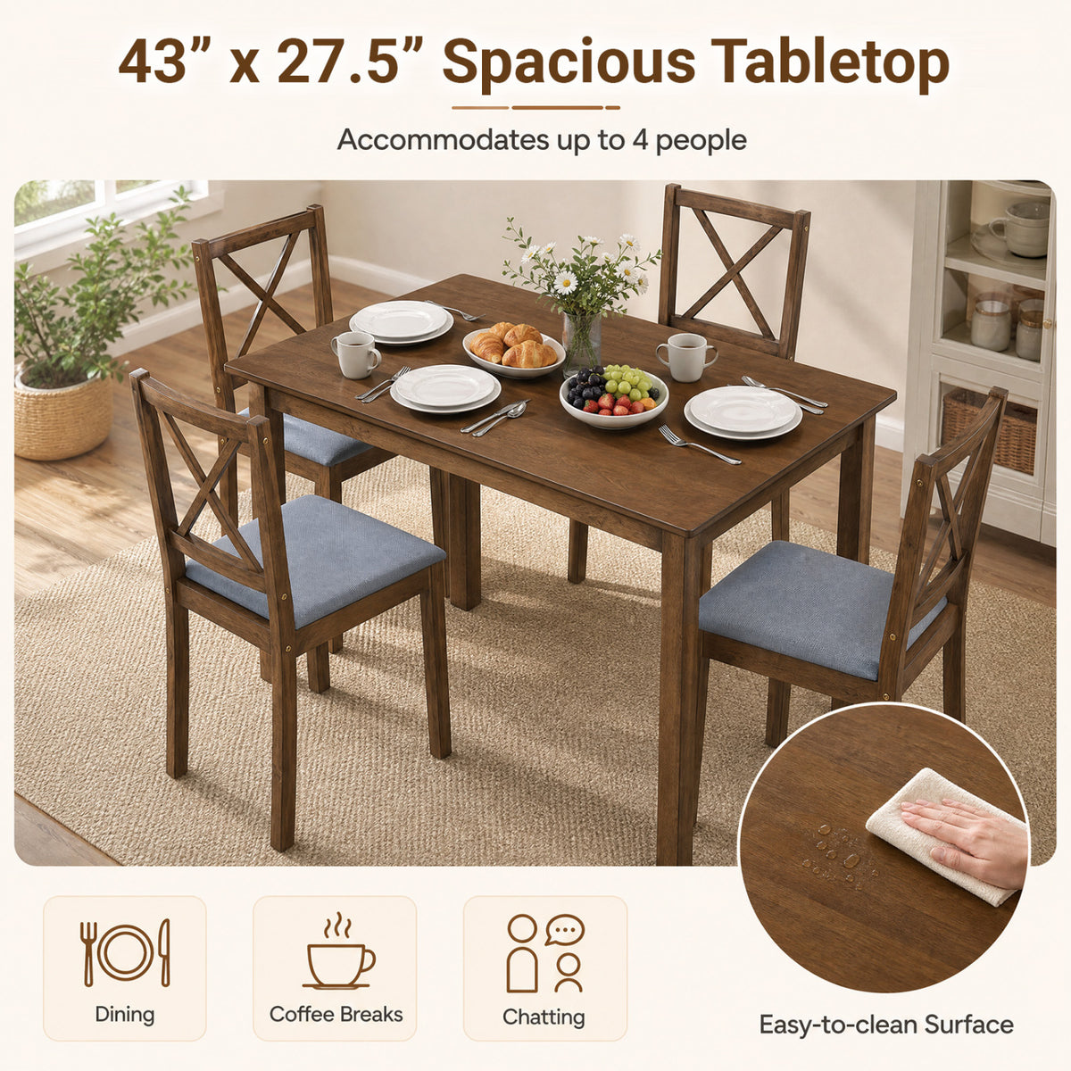 5-Piece Dining Set with Rectangular Table & Fabric Chairs - Gray