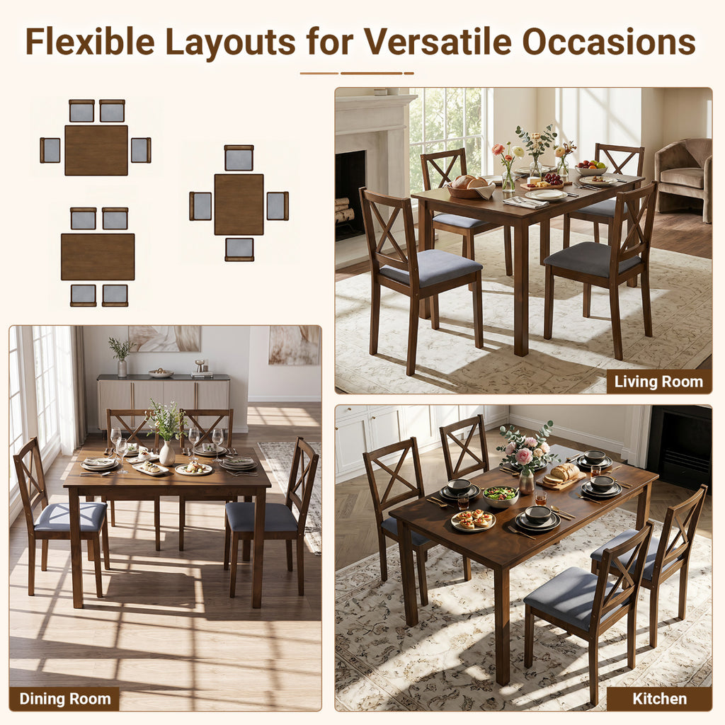 5-Piece Dining Set with Rectangular Table & Fabric Chairs - Gray