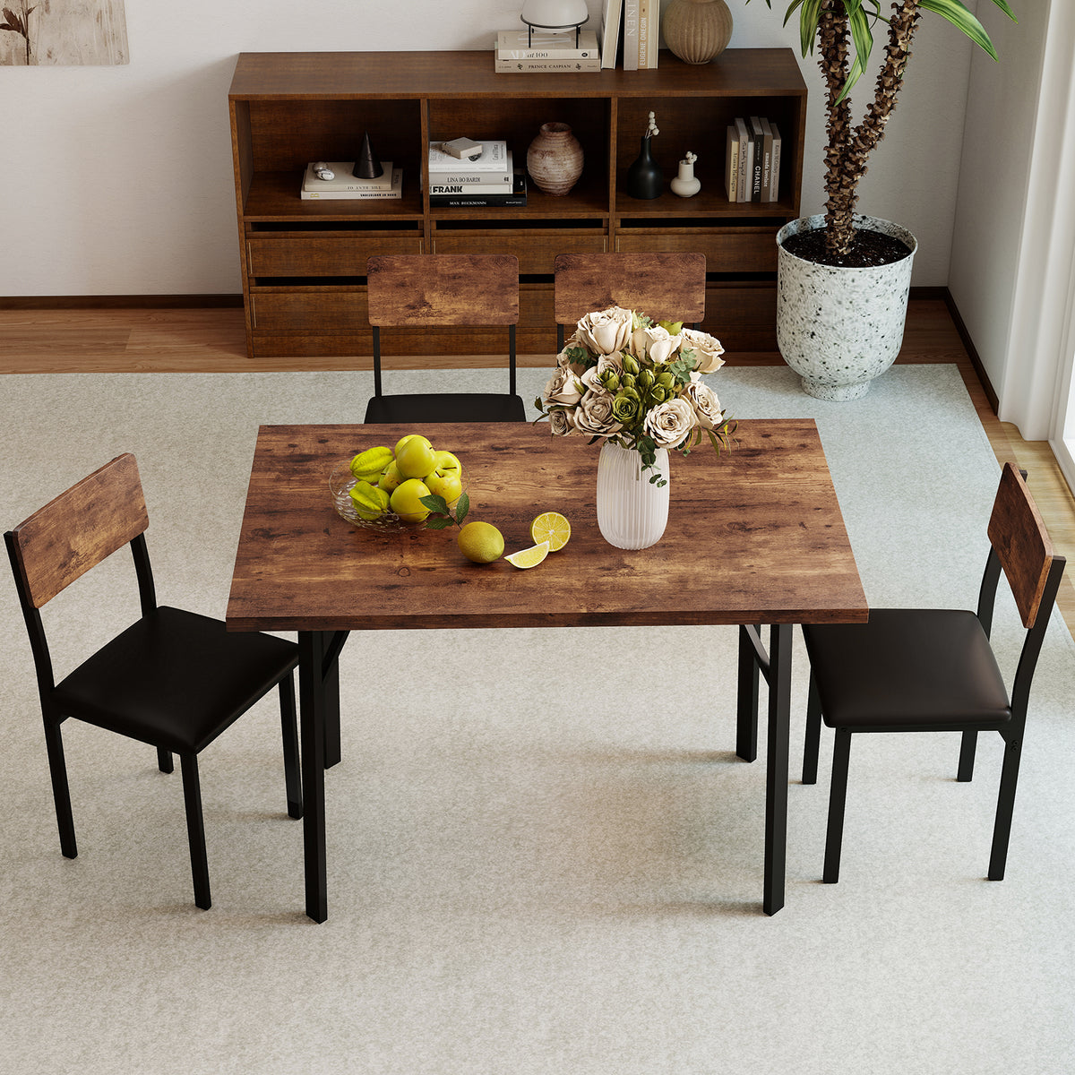 Industrial 5-Piece Dining Table Set with 4 PU Leather Chairs, Brown