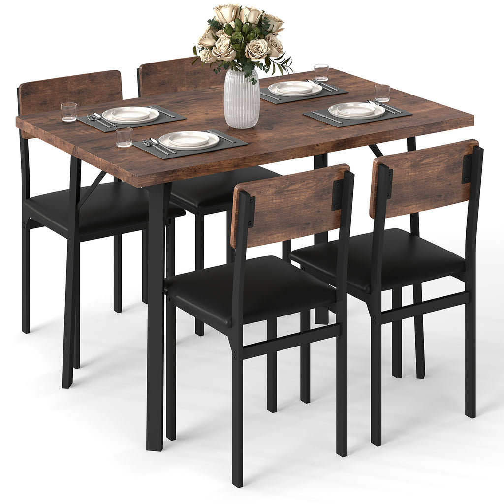 Industrial 5-Piece Dining Table Set with 4 PU Leather Chairs, Brown