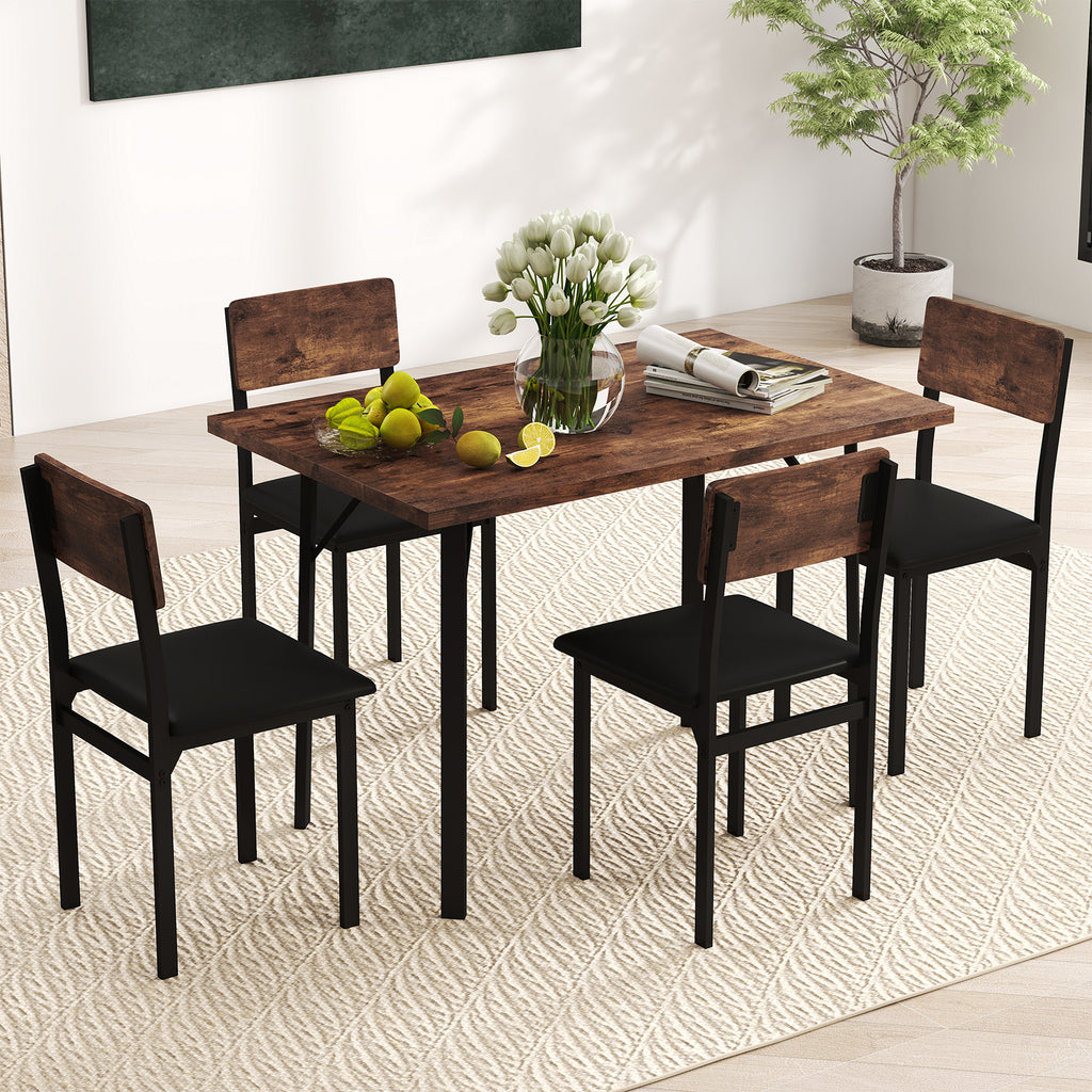 Industrial 5-Piece Dining Table Set with 4 PU Leather Chairs, Brown