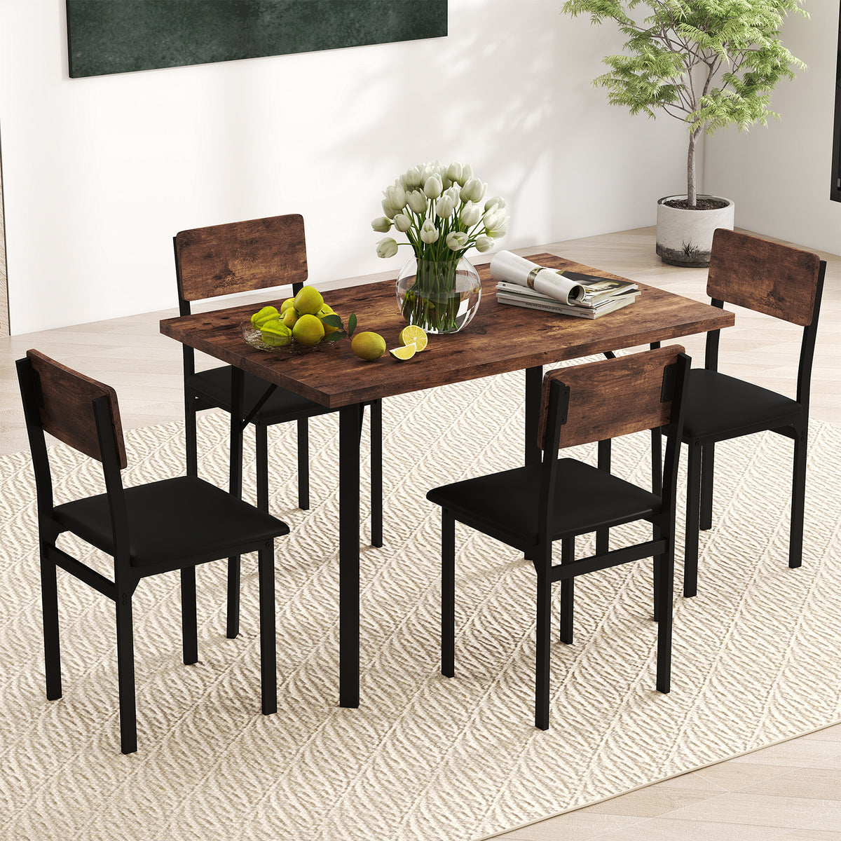 Industrial 5-Piece Dining Table Set with 4 PU Leather Chairs, Brown