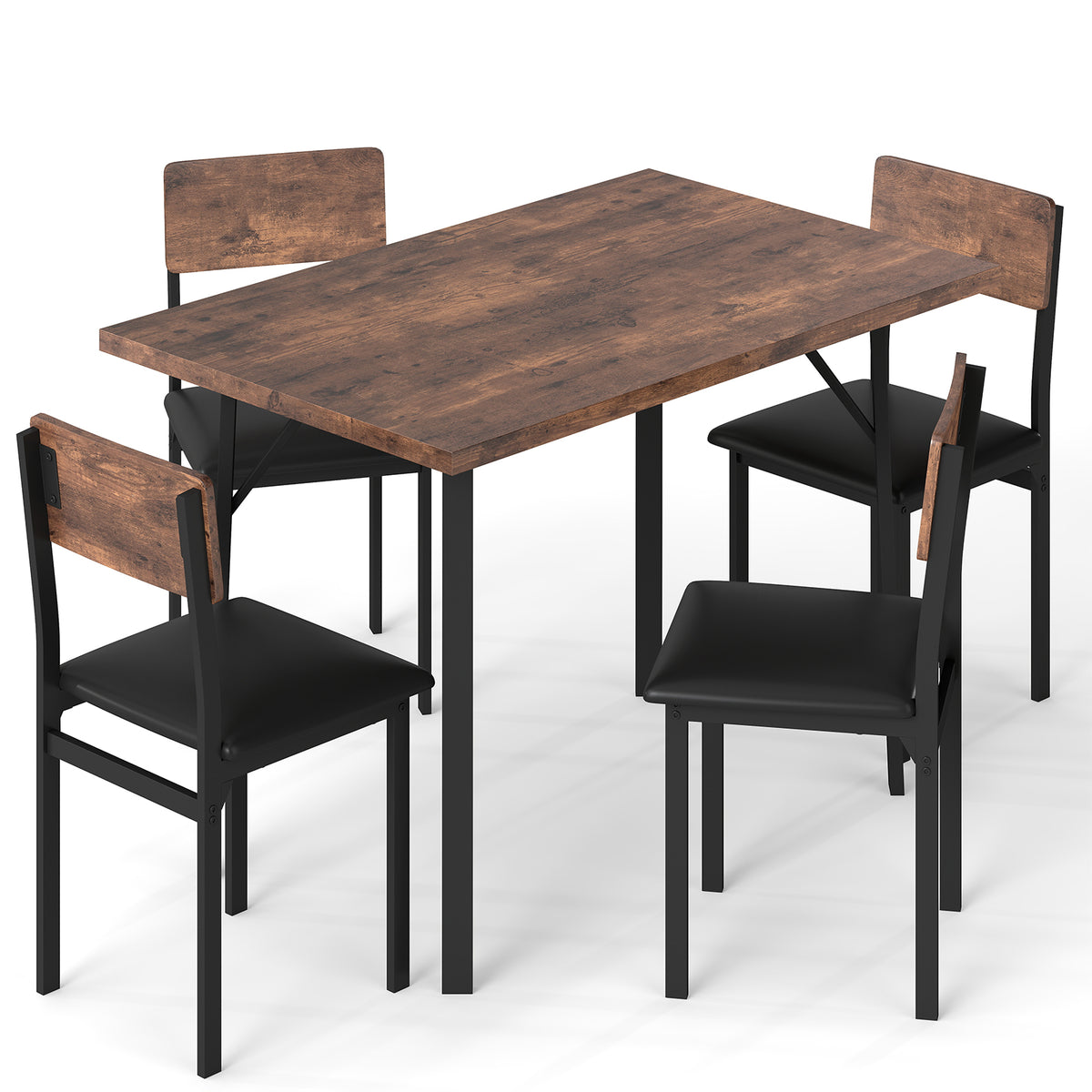Industrial 5-Piece Dining Table Set with 4 PU Leather Chairs, Brown