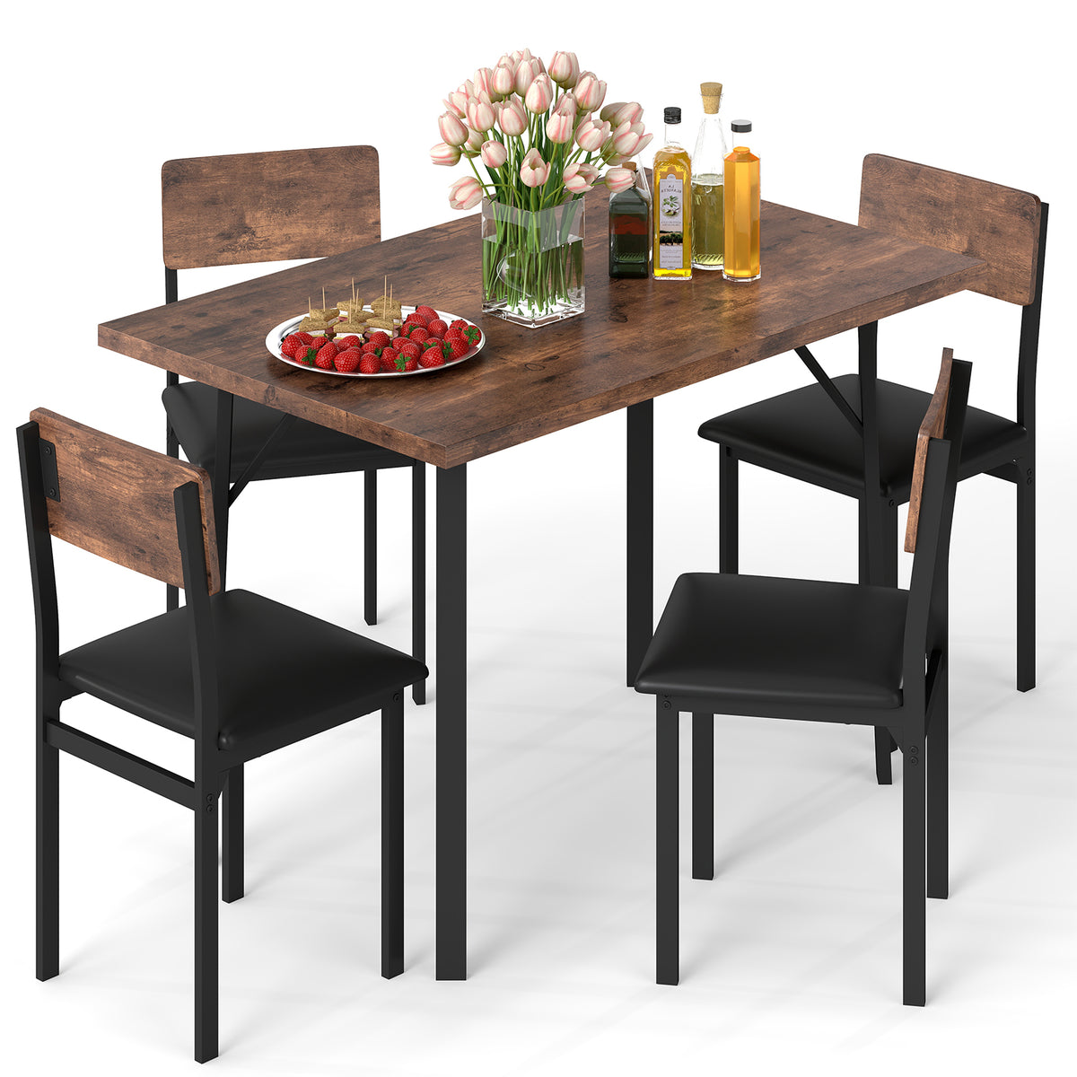 Industrial 5-Piece Dining Table Set with 4 PU Leather Chairs, Brown