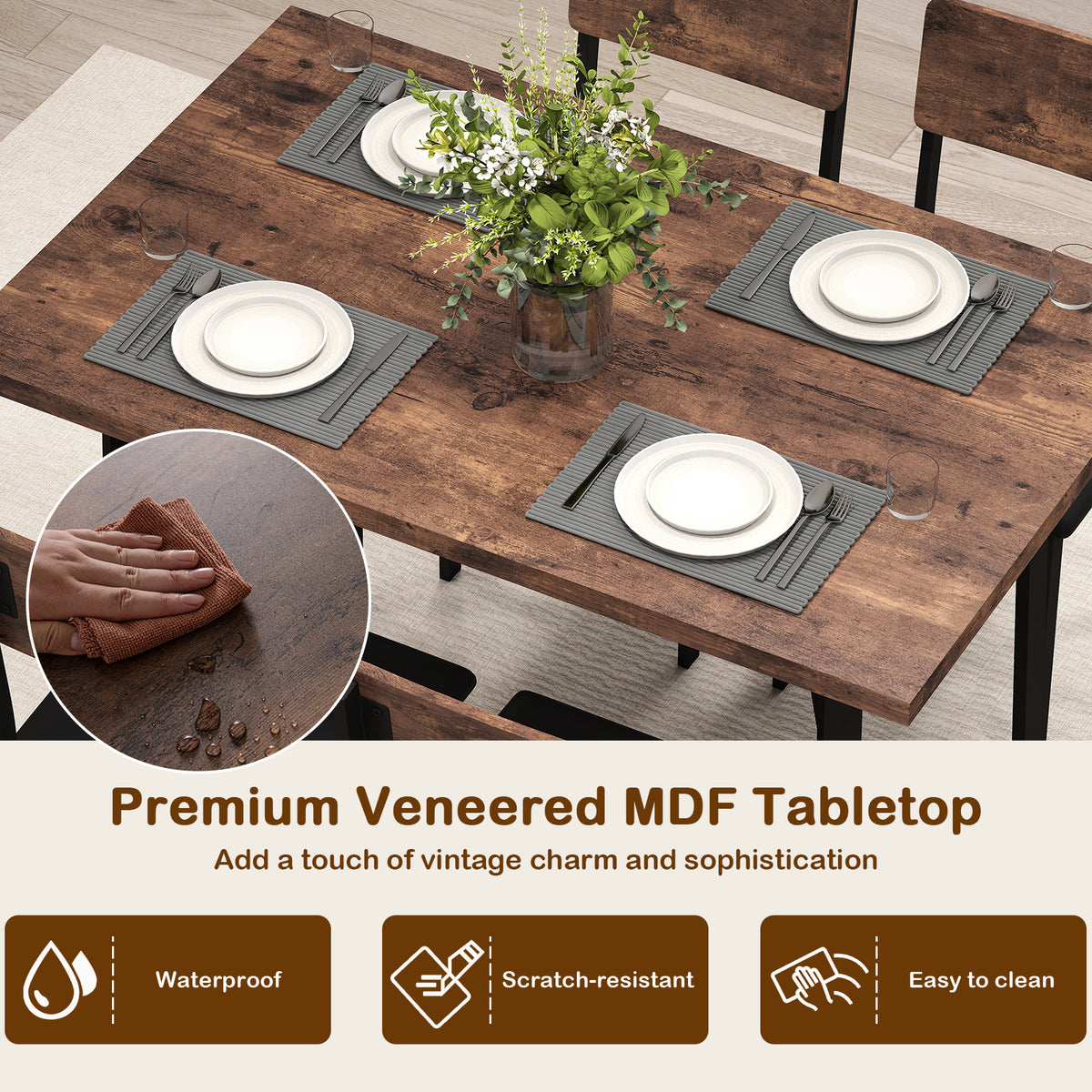 Industrial 5-Piece Dining Table Set with 4 PU Leather Chairs, Brown