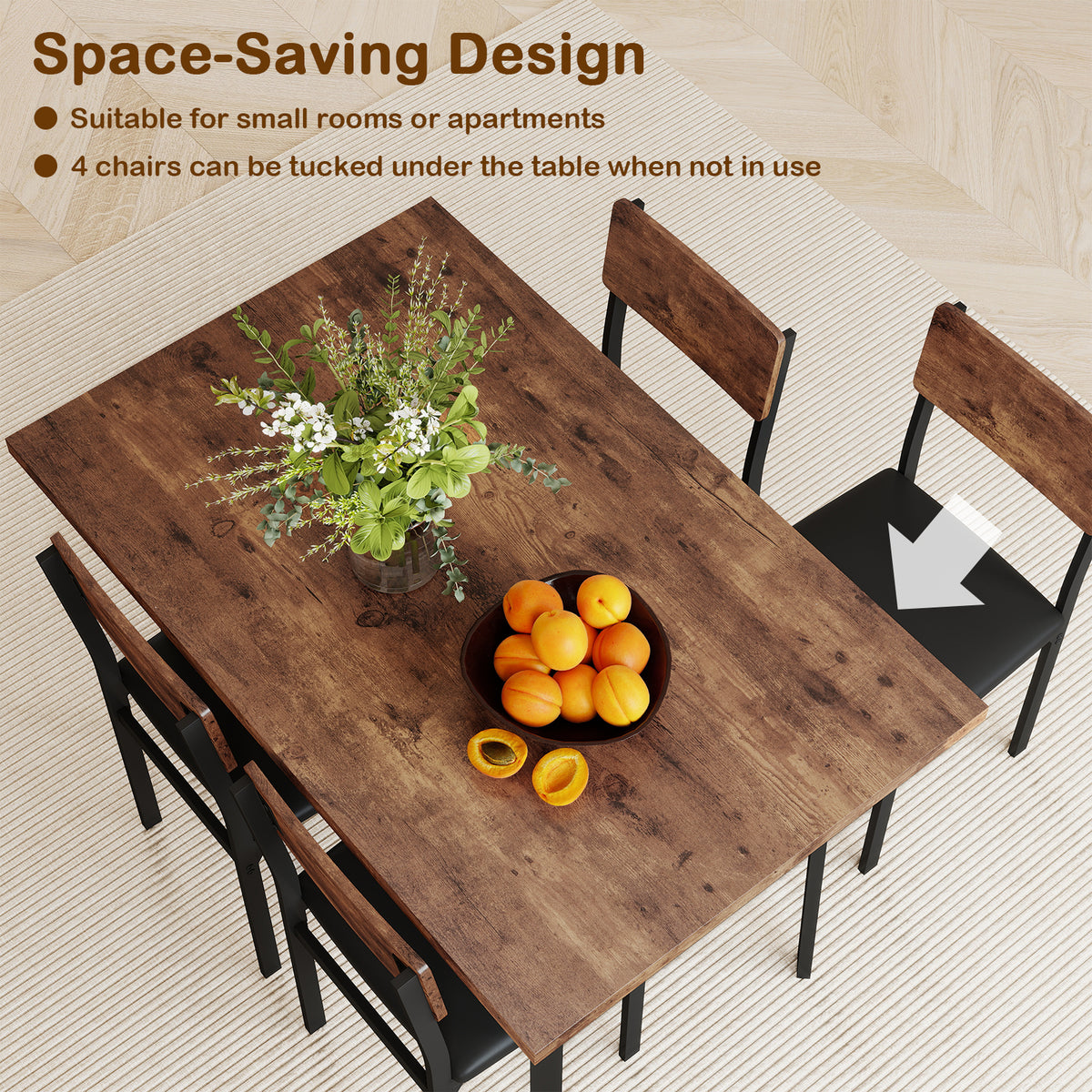 Industrial 5-Piece Dining Table Set with 4 PU Leather Chairs, Brown