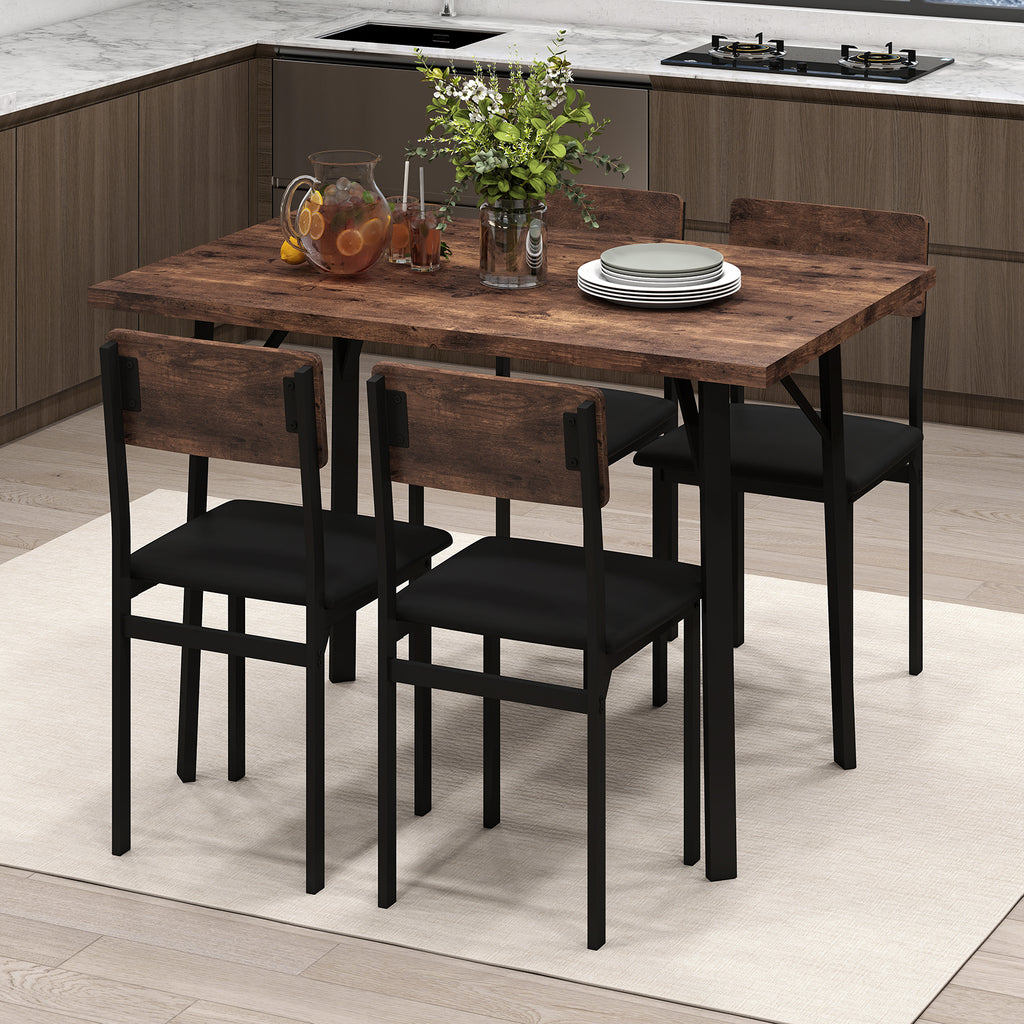 Industrial 5-Piece Dining Table Set with 4 PU Leather Chairs, Brown