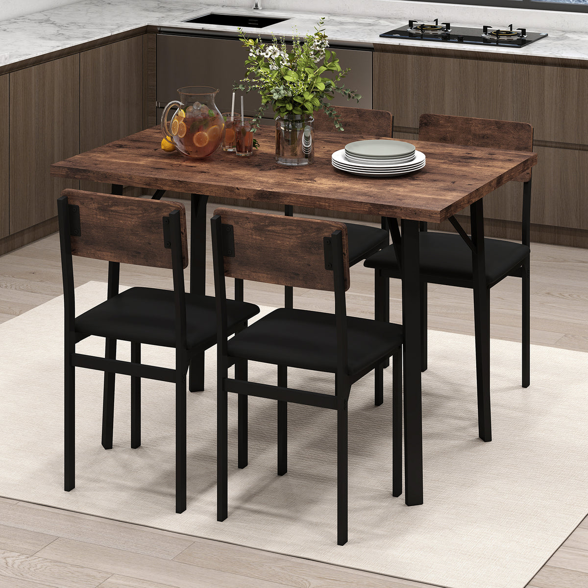 Industrial 5-Piece Dining Table Set with 4 PU Leather Chairs, Brown