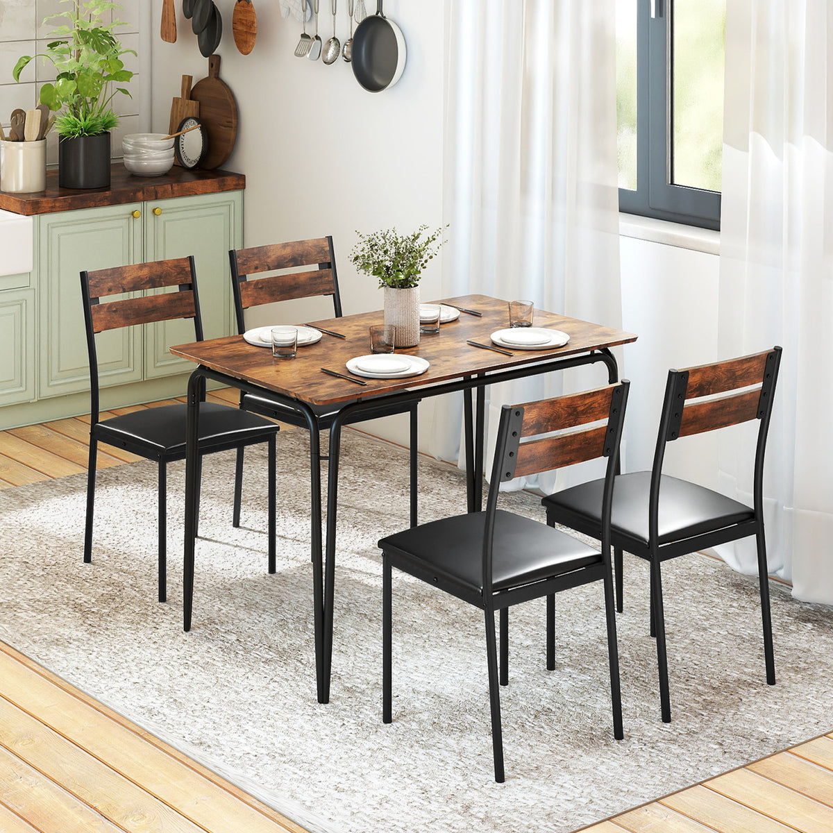5-Piece Dining Table Set with 4 Chairs - Rustic Brown